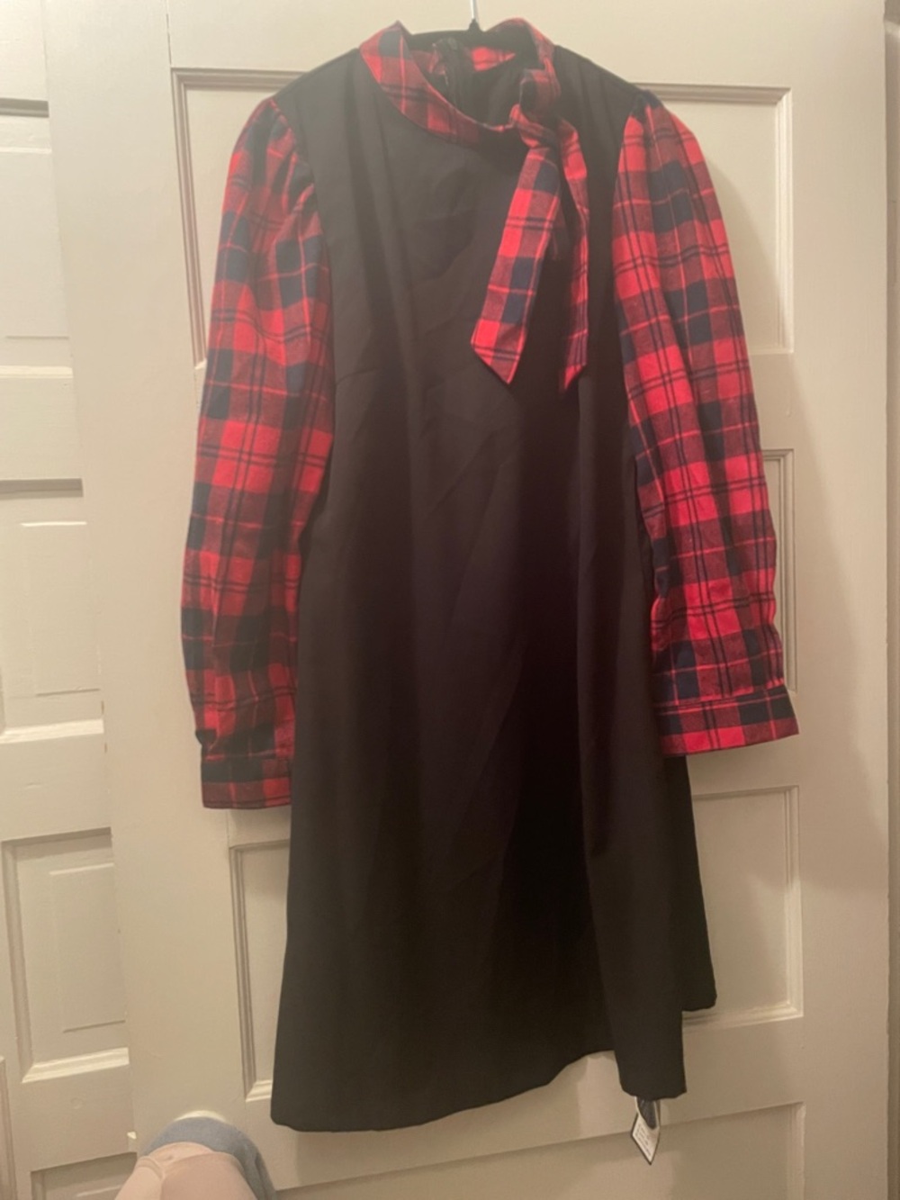 Black Dress with Red & Blue Plaid Sleeves and Neck Tie